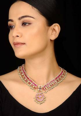 Red Polki And Pearls Choker Necklace 1