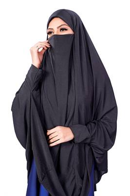 Justkartit Black Plain Lycra Stretchable Stitched Islamic Namaz Chaderi Hijab With Veil And Sleeves 4