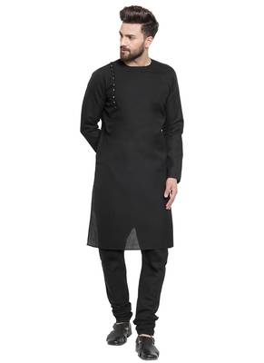 Black Plain Linen Kurta Pajama 1