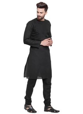 Black Plain Linen Kurta Pajama 3