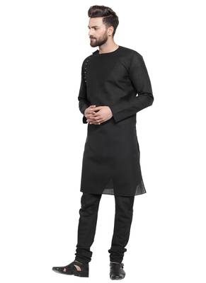 Black Plain Linen Kurta Pajama 5