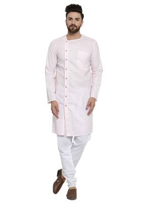 Designer Pink Linen Kurta With Churidar Pyjama For Men By Treemoda 1