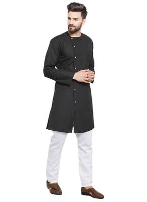 Black Plain Linen Kurta Pajama 3