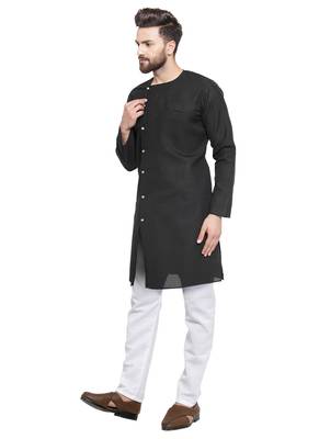 Black Plain Linen Kurta Pajama 5