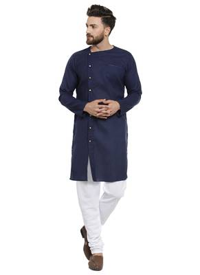 Blue Plain Linen Kurta Pajama 1