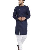 Blue Plain Linen Kurta Pajama