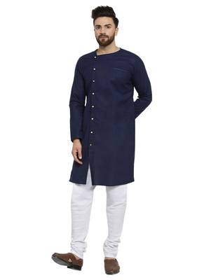 Blue Plain Linen Kurta Pajama 3