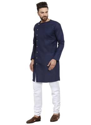 Blue Plain Linen Kurta Pajama 5