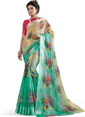 Green printed linen saree with blouse 1