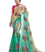 Green printed linen saree with blouse