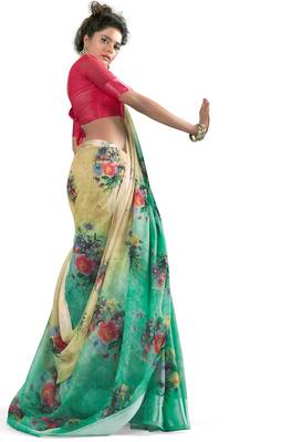 Green printed linen saree with blouse 2