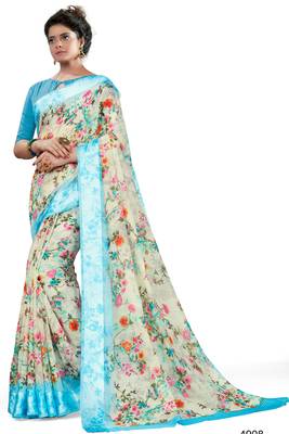 Blue printed linen saree with blouse 1