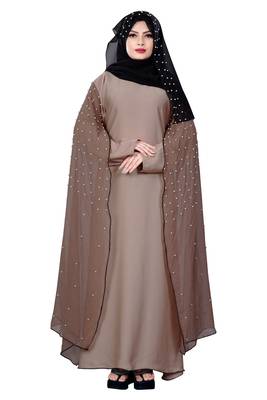 Justkartit Women'S Occasion Wear Nida + Chiffon Abaya Burka With Pearl Work And Hijab Scarf 1