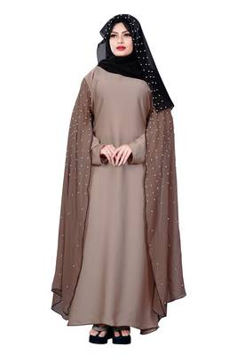 Justkartit Women'S Occasion Wear Nida + Chiffon Abaya Burka With Pearl Work And Hijab Scarf 3