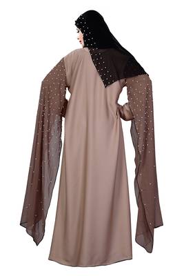 Justkartit Women'S Occasion Wear Nida + Chiffon Abaya Burka With Pearl Work And Hijab Scarf 4