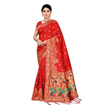 Red woven cotton silk saree with blouse 1