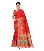 Red woven cotton silk saree with blouse