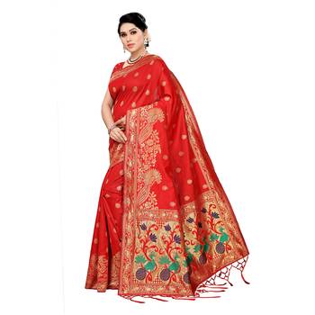 Red woven cotton silk saree with blouse 2
