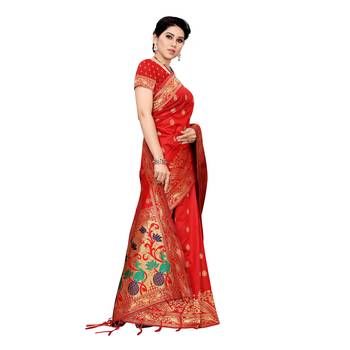 Red woven cotton silk saree with blouse 3