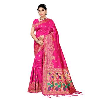 Pink woven cotton silk saree with blouse 1