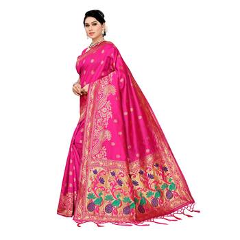 Pink woven cotton silk saree with blouse 2
