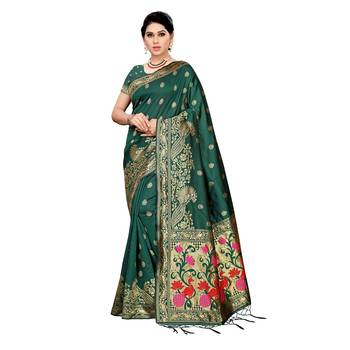 Green woven cotton silk saree with blouse 1