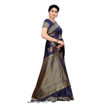 Blue woven cotton silk saree with blouse 3