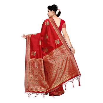 Maroon woven cotton silk saree with blouse 4