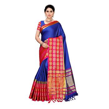 Blue woven cotton silk saree with blouse 1