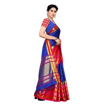 Blue woven cotton silk saree with blouse 3