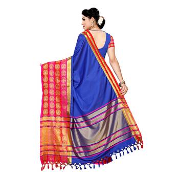 Blue woven cotton silk saree with blouse 4