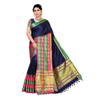 Navy blue woven cotton silk saree with blouse 1