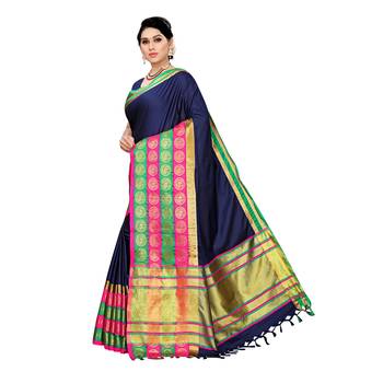 Navy blue woven cotton silk saree with blouse 2