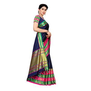 Navy blue woven cotton silk saree with blouse 3