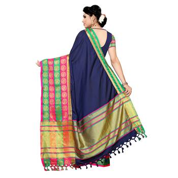Navy blue woven cotton silk saree with blouse 4