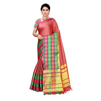Pink woven cotton silk saree with blouse 1
