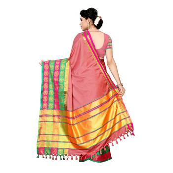 Pink woven cotton silk saree with blouse 4