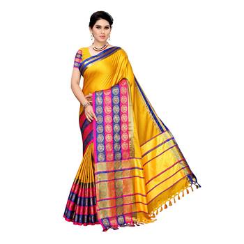 Yellow woven cotton silk saree with blouse 1