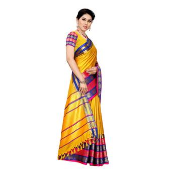 Yellow woven cotton silk saree with blouse 3