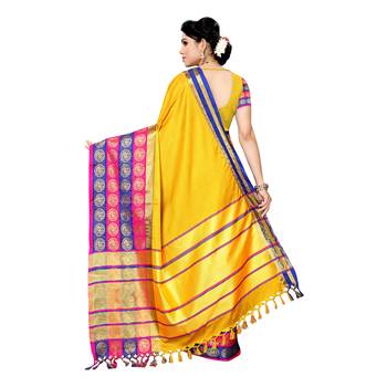 Yellow woven cotton silk saree with blouse 4