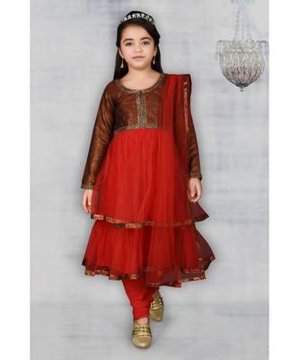 Maroon Embroidered Brocade Stitched Kids Salwar Suits 1