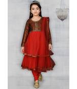 Maroon Embroidered Brocade Stitched Kids Salwar Suits