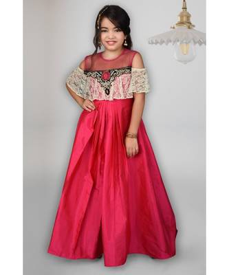 Pink Embroidered Taffeta Stitched Kids Frocks 1