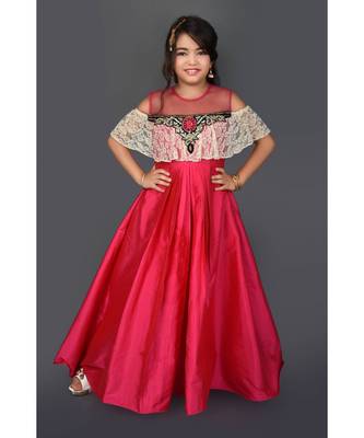 Pink Embroidered Taffeta Stitched Kids Frocks 2