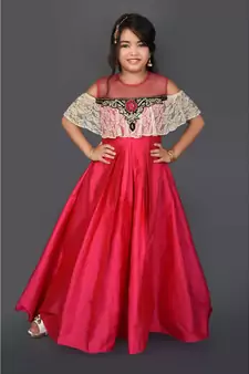 Pink Embroidered Taffeta Stitched Kids Frocks