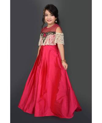 Pink Embroidered Taffeta Stitched Kids Frocks 3