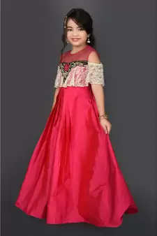Pink Embroidered Taffeta Stitched Kids Frocks