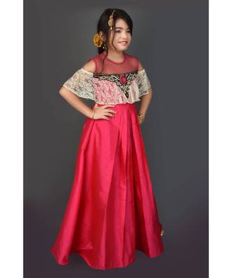 Pink Embroidered Taffeta Stitched Kids Frocks 4