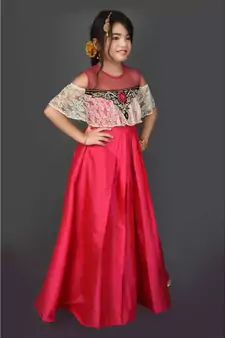 Pink Embroidered Taffeta Stitched Kids Frocks