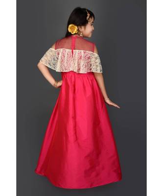 Pink Embroidered Taffeta Stitched Kids Frocks 5